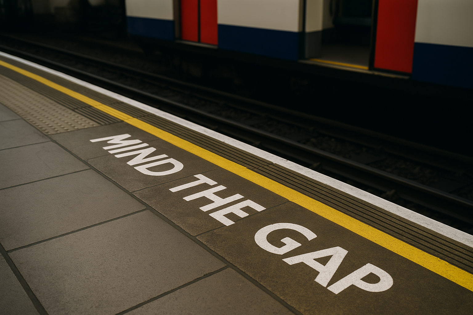 Mind the gap warning at the edge of a London Underground platform with train in background