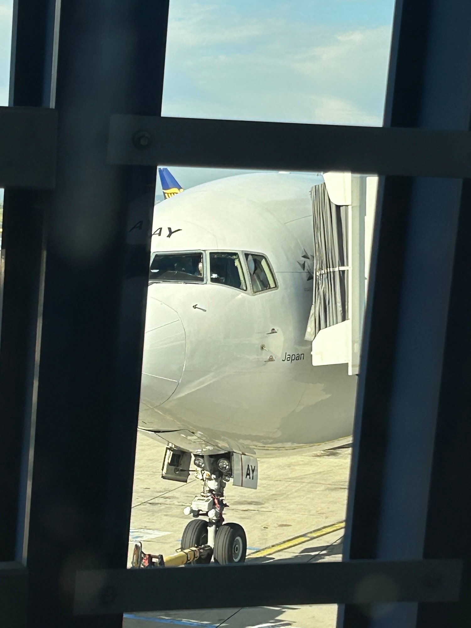 Letalo pripravljeno za vkrcanje na let proti Japonski, pogled iz terminala na letališču.