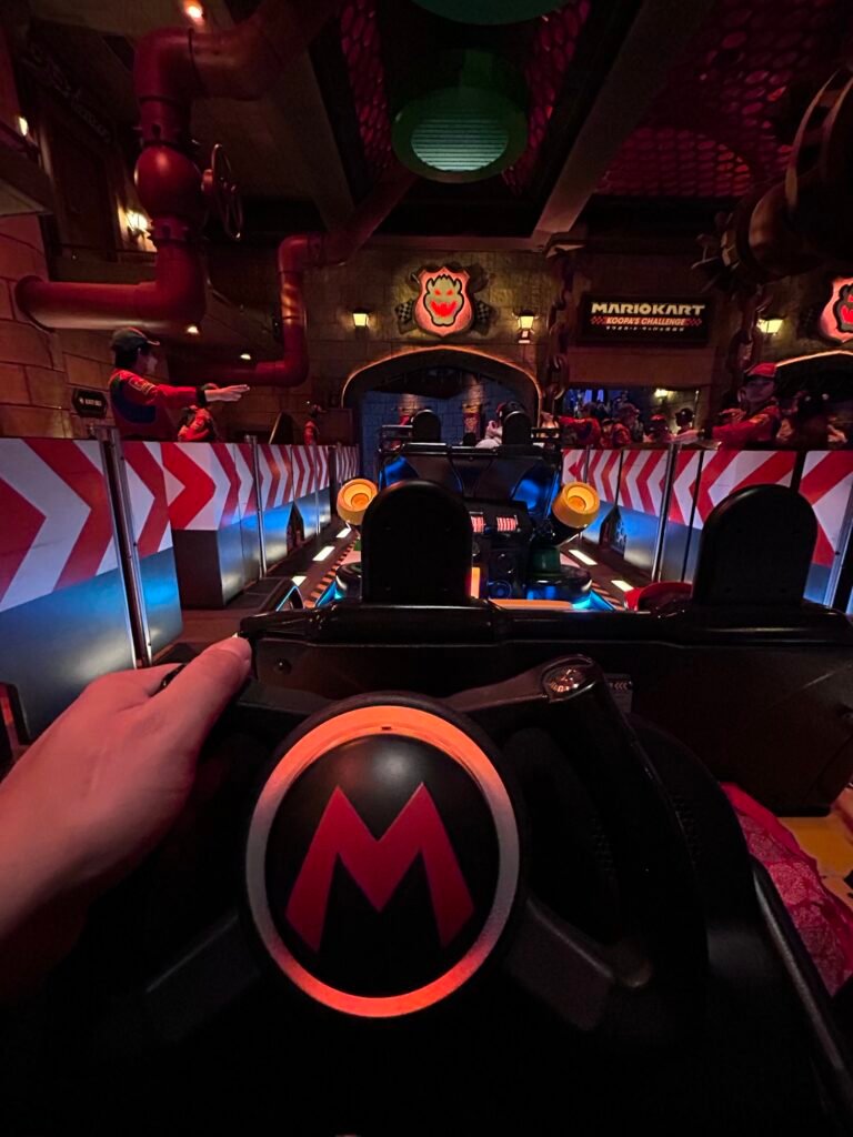 View from a Mario Kart ride vehicle inside Koopa's Challenge at Super Nintendo World in Japan