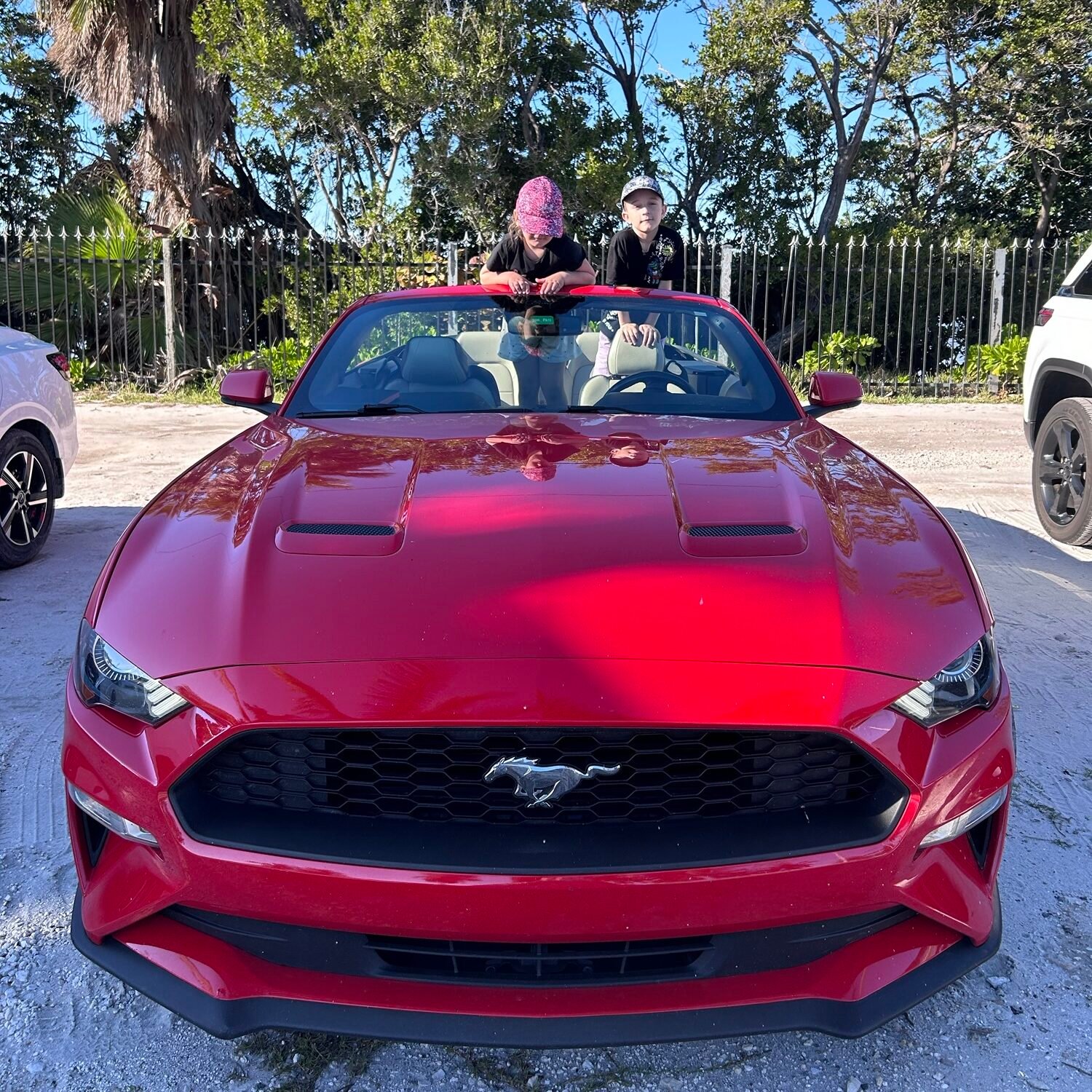 Ford Mustang convertible on our Florida with kids road trip.