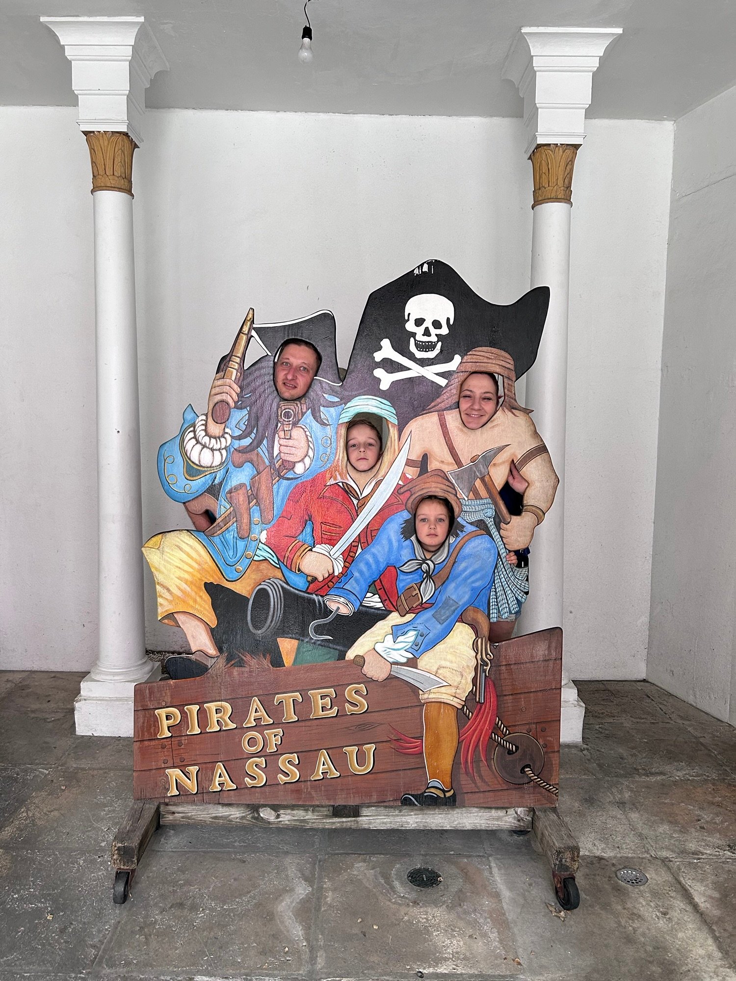 Our family at Pirates of Nassau during our Bahamas cruise