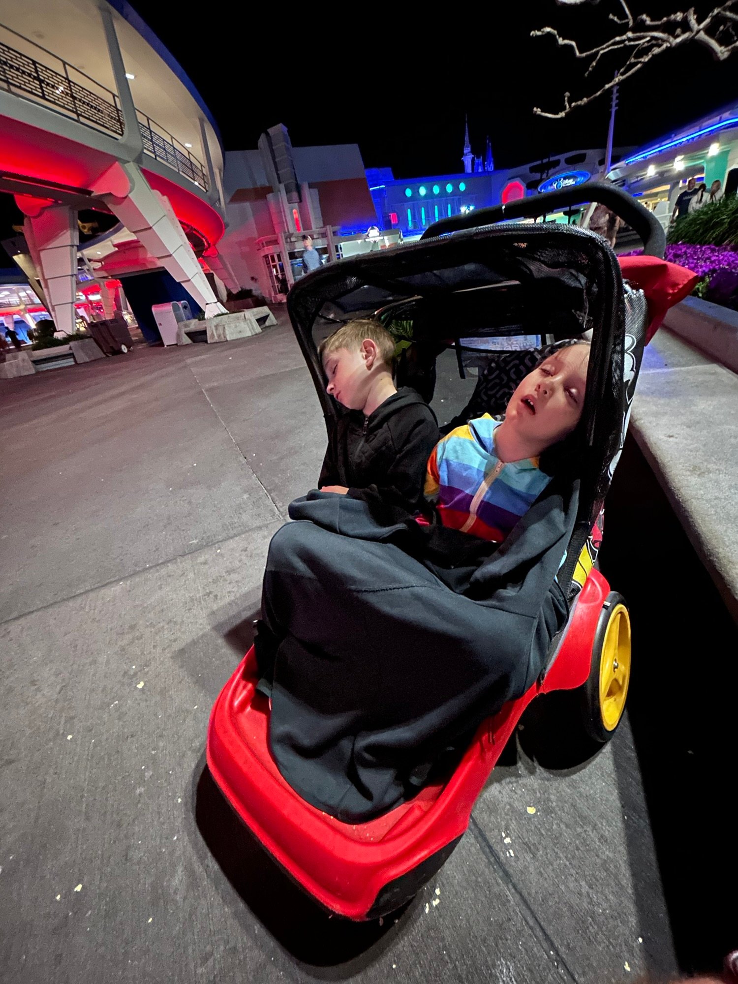 Two exhausted children sleeping in a rented double stroller at Magic Kingdom